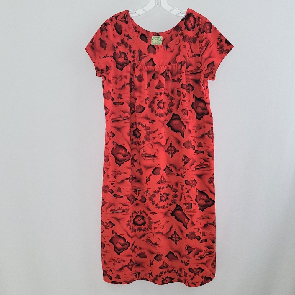 Ui-Maikai Hawaiian Below the Knee Red Dress S/M Vintage Made in Hawaii